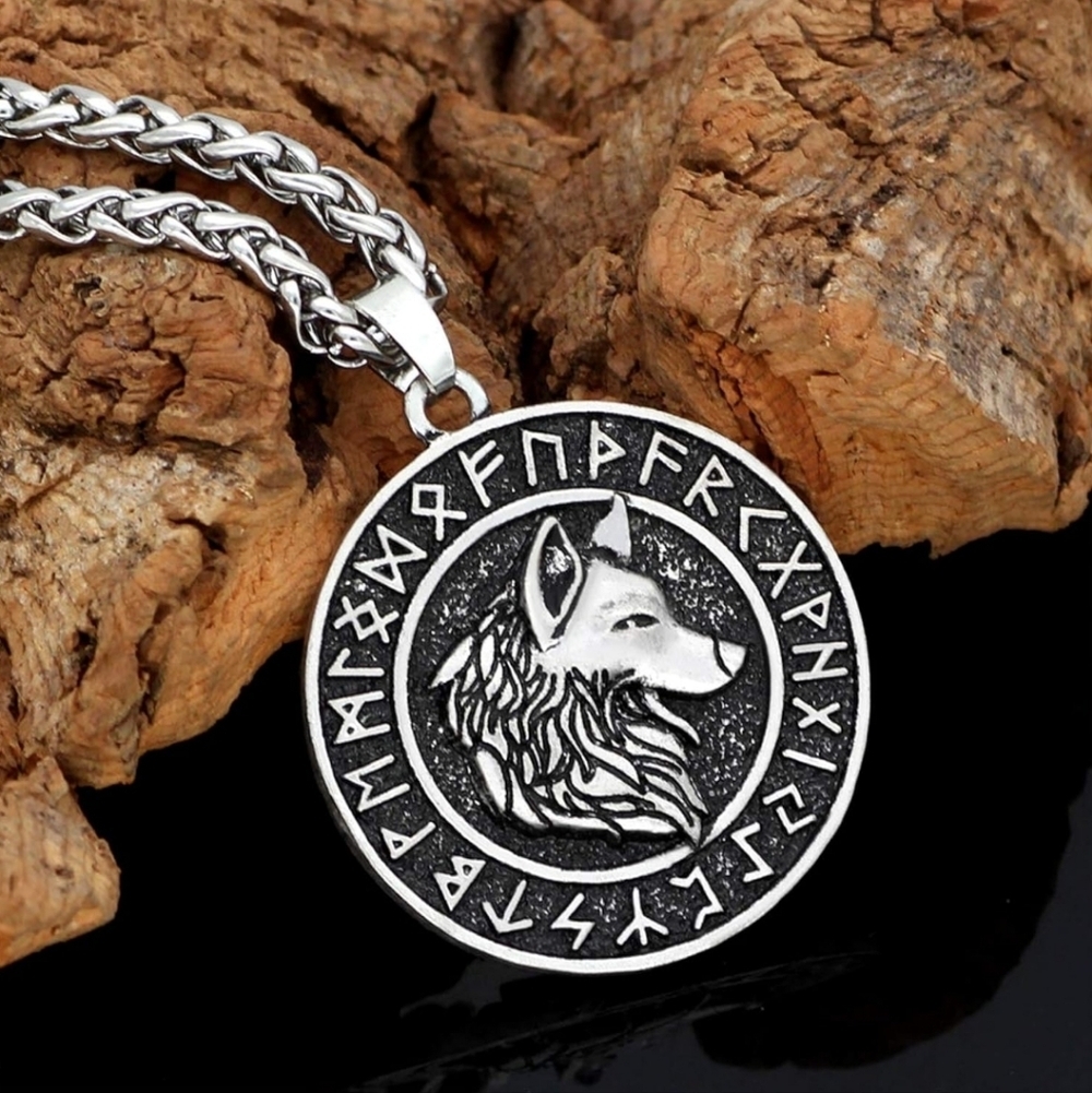 Wolf Pendant with Norse Runes